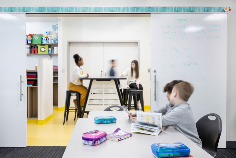 Bright educational setting with a white telescopic sliding door opened to a colorful classroom, while students study at tables in the foreground.